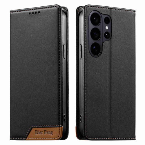 Samsung Galaxy S26 Ultra 5G Dierfeng Splicing Strong Magnetic RFID Vegan Leather Phone Case - Black