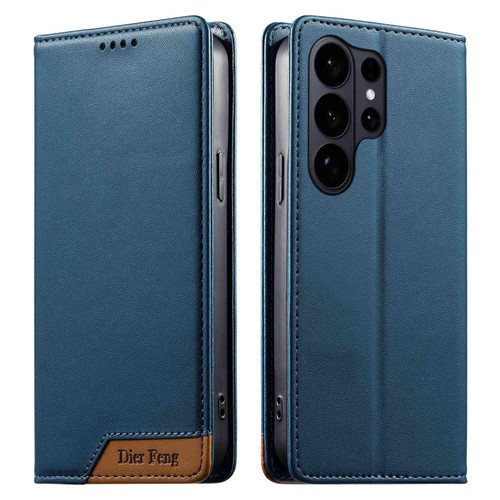 Samsung Galaxy S26 Ultra 5G Dierfeng Splicing Strong Magnetic RFID Vegan Leather Phone Case - Blue