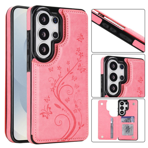 Samsung Galaxy S26 Ultra 5G Double Buckle Butterfly Embossing PU Phone Case - Pink