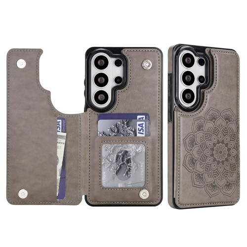 Samsung Galaxy S26 Ultra 5G Double Buckle Mandala Leather Wallet Back Cover Phone Case - Grey