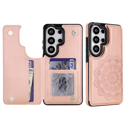 Samsung Galaxy S26 Ultra 5G Double Buckle Mandala Leather Wallet Back Cover Phone Case - Rose Gold