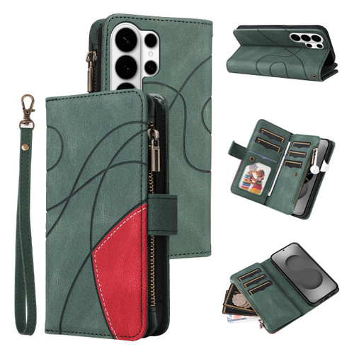 Samsung Galaxy S26 Ultra 5G Dual-color 9 Card Slots Zipper Wallet Leather Phone Case - Green