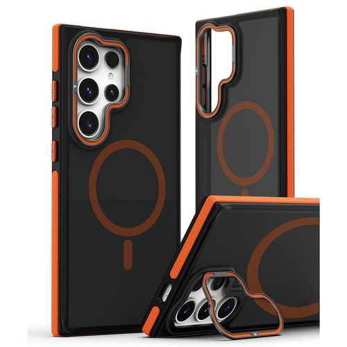 Samsung Galaxy S26 Ultra 5G Dual-Color Skin Feel Magnetic Phone Case with Lens Frame Holder - Orange