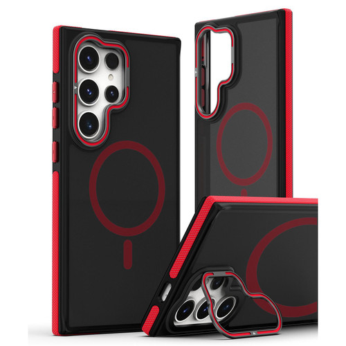 Samsung Galaxy S26 Ultra 5G Dual-Color Skin Feel Magnetic Phone Case with Lens Frame Holder - Red