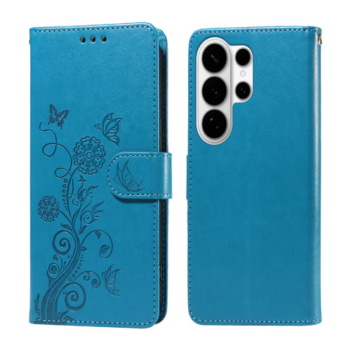 Samsung Galaxy S26 Ultra 5G Embossed Butterfly Flowers Leather Phone Case - Blue