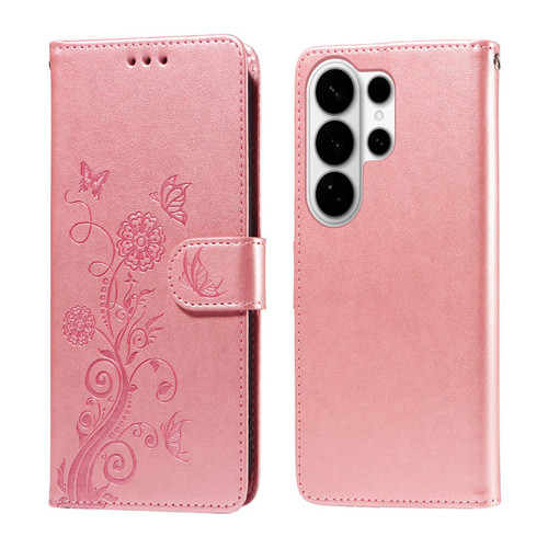 Samsung Galaxy S26 Ultra 5G Embossed Butterfly Flowers Leather Phone Case - Rose Gold
