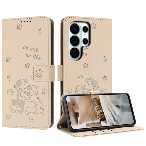 Samsung Galaxy S26 Ultra 5G Embossed Kitten Phone Leather Case with Lanyard - Beige