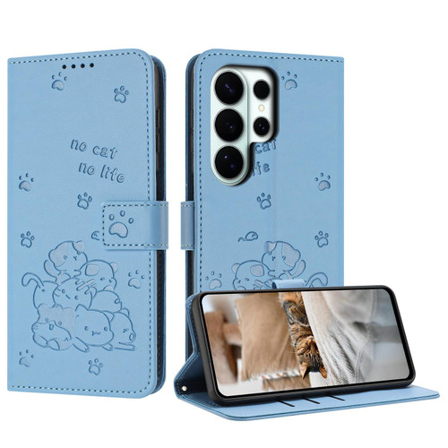 Samsung Galaxy S26 Ultra 5G Embossed Kitten Phone Leather Case with Lanyard - Blue