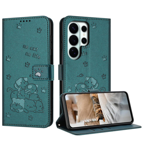 Samsung Galaxy S26 Ultra 5G Embossed Kitten Phone Leather Case with Lanyard - Dark Green