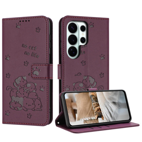 Samsung Galaxy S26 Ultra 5G Embossed Kitten Phone Leather Case with Lanyard - Wine Red