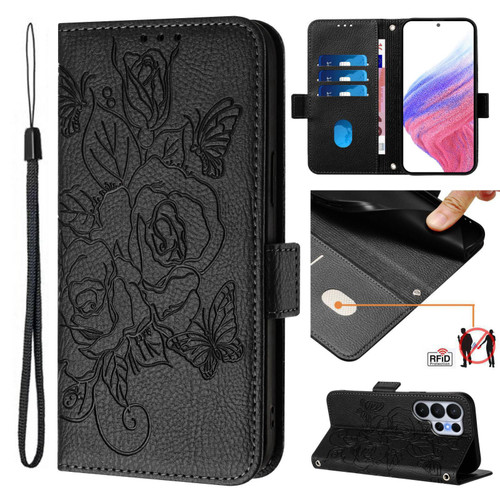 Samsung Galaxy S26 Ultra 5G Embossed Rose RFID Anti-theft Leather Phone Case - Black
