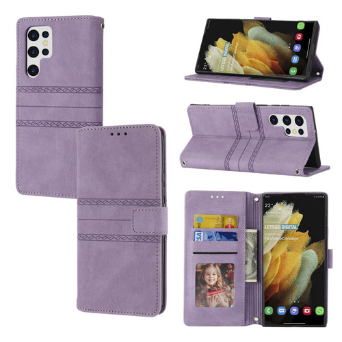 Samsung Galaxy S26 Ultra 5G Embossed Stripes Skin Feel Leather Phone Case - Light Purple
