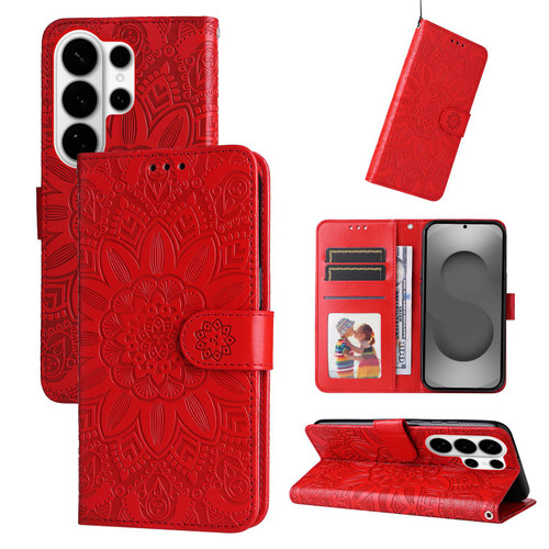 Samsung Galaxy S26 Ultra 5G Embossed Sunflower Leather Phone Case - Red