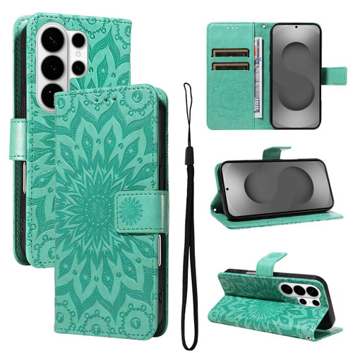 Samsung Galaxy S26 Ultra 5G Embossed Sunflower Pattern Flip Leather Phone Case - Green