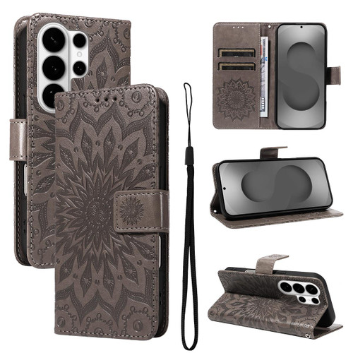Samsung Galaxy S26 Ultra 5G Embossed Sunflower Pattern Flip Leather Phone Case - Grey