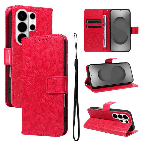 Samsung Galaxy S26 Ultra 5G Embossed Sunflower Pattern Flip Leather Phone Case - Red
