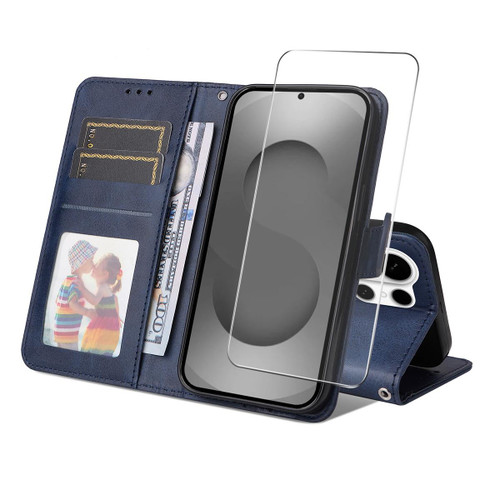 Samsung Galaxy S26 Ultra 5G ENKAY Card Wallet Calf Texture Leather Phone Case with 0.18mm High Aluminum-silicon Glass Film - Blue