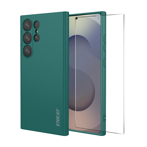 Samsung Galaxy S26 Ultra 5G ENKAY Liquid Silicone Soft Shockproof Phone Case with 0.18mm Ultrasonic Unlock Glass Film - Dark Green