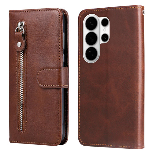 Samsung Galaxy S26 Ultra 5G Fashion Calf Texture Zipper Leather Phone Case - Brown