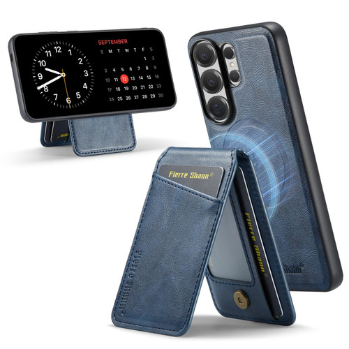 Samsung Galaxy S26 Ultra 5G Fierre Shann Cowhide Vertical Flip Magnetic Card Holder Phone Case - Blue