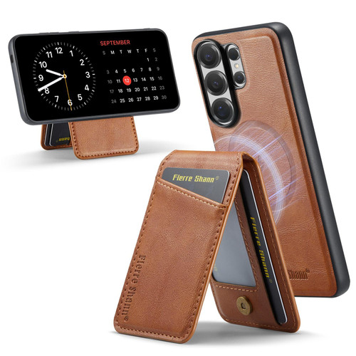 Samsung Galaxy S26 Ultra 5G Fierre Shann Cowhide Vertical Flip Magnetic Card Holder Phone Case - Brown