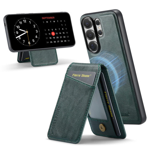Samsung Galaxy S26 Ultra 5G Fierre Shann Cowhide Vertical Flip Magnetic Card Holder Phone Case - Green