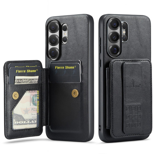 Samsung Galaxy S26 Ultra 5G Fierre Shann FS-024 Oil Wax Cow Leather Card Holder Back Phone Case - Black