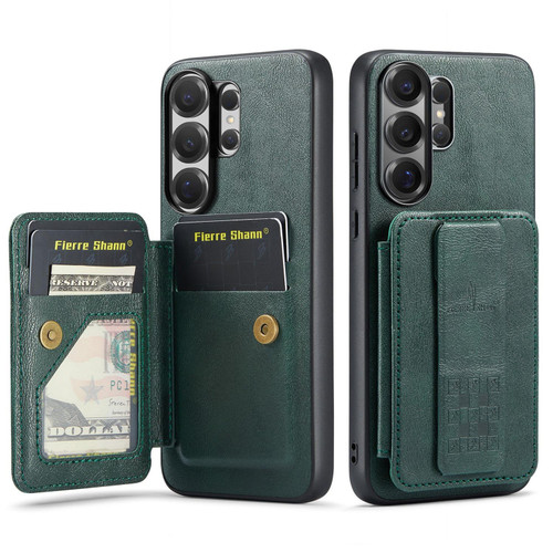 Samsung Galaxy S26 Ultra 5G Fierre Shann FS-024 Oil Wax Cow Leather Card Holder Back Phone Case - Green