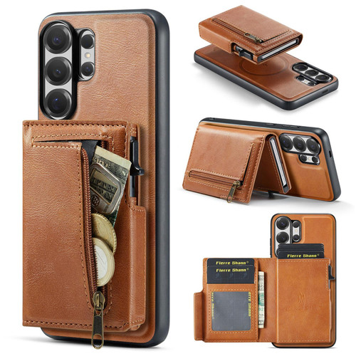 Samsung Galaxy S26 Ultra 5G Fierre Shann Oil Wax Vegan Leather Magnetic Card Holder Back Phone Case - Brown