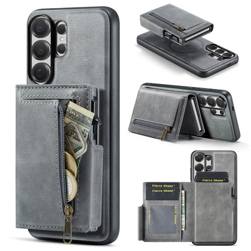 Samsung Galaxy S26 Ultra 5G Fierre Shann Oil Wax Vegan Leather Magnetic Card Holder Back Phone Case - Grey