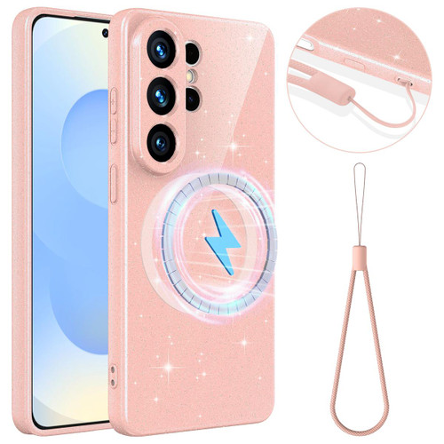 Samsung Galaxy S26 Ultra 5G Fine Hole Glossy Glitter Magnetic TPU Phone Case with Same Color Hand Strap - Pink
