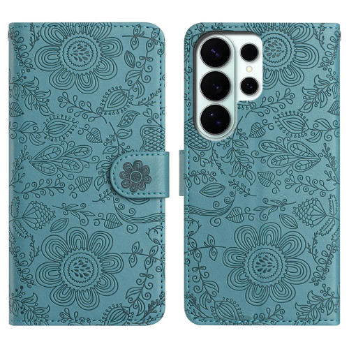 Samsung Galaxy S26 Ultra 5G Floral Embossed Pattern Leather Phone Case - Dark Green