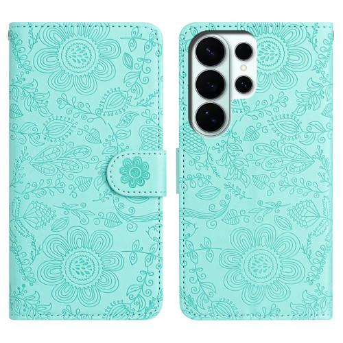 Samsung Galaxy S26 Ultra 5G Floral Embossed Pattern Leather Phone Case - Light Green
