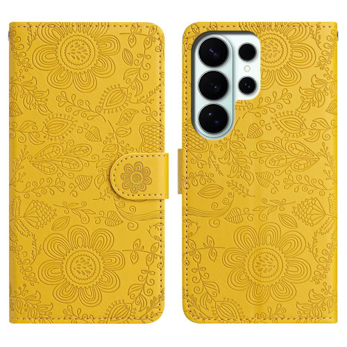 Samsung Galaxy S26 Ultra 5G Floral Embossed Pattern Leather Phone Case - Yellow