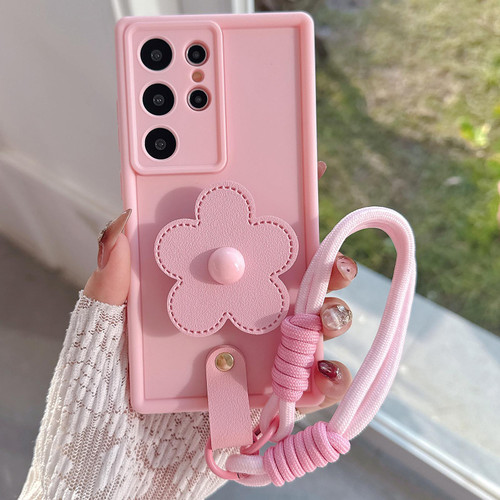 Samsung Galaxy S26 Ultra 5G Floral Holder TPU Phone Case with PU Buckle Lanyard - Pink