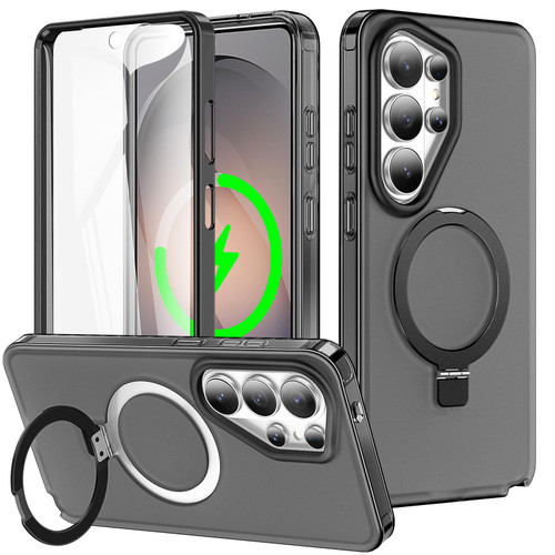 Samsung Galaxy S26 Ultra 5G Frosted Magnetic Holder Phone Case with Screen Protector - Black