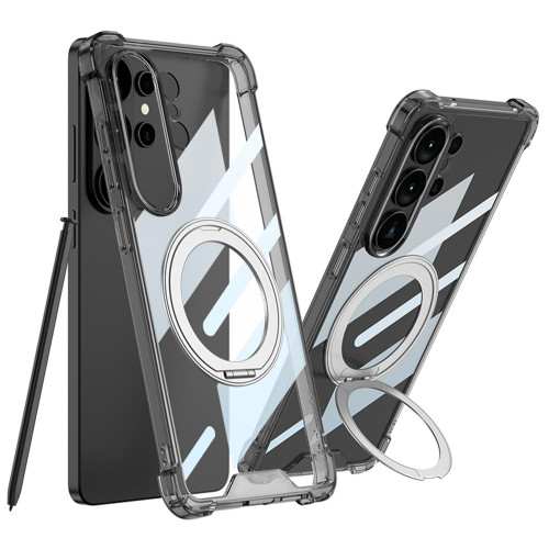 Samsung Galaxy S26 Ultra 5G GKK Airbag Full Coverage PC Phone Case with Rotating Holder, Not Included Pen - Transparent Black