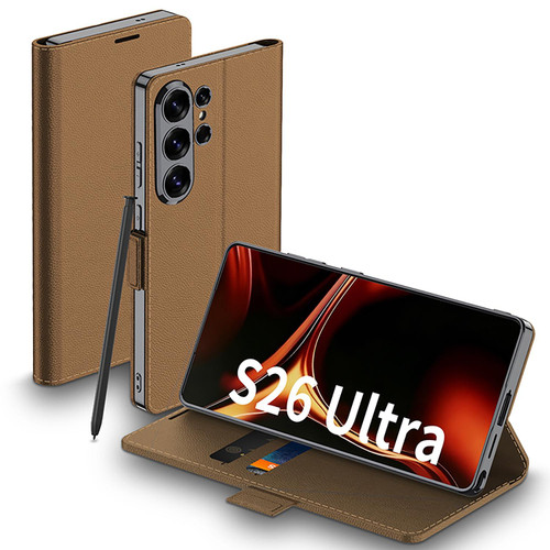 Samsung Galaxy S26 Ultra 5G GKK Electroplated Leather Flip Phone Case - Brown