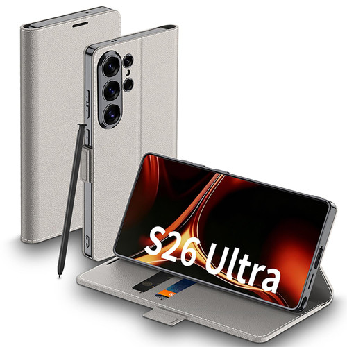 Samsung Galaxy S26 Ultra 5G GKK Electroplated Leather Flip Phone Case - Titanium Gray