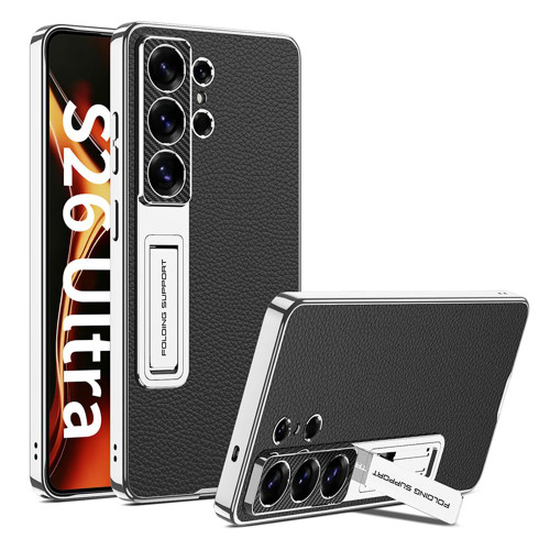 Samsung Galaxy S26 Ultra 5G GKK Electroplated Leather Holder Phone Case - Black