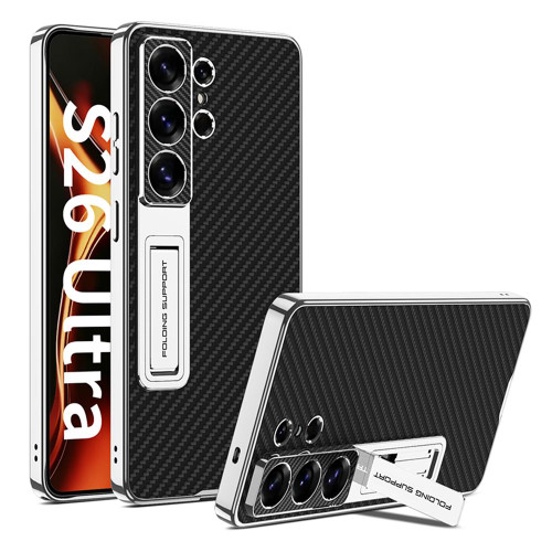 Samsung Galaxy S26 Ultra 5G GKK Electroplated Leather Holder Phone Case - Carbon Fiber