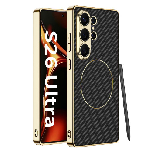 Samsung Galaxy S26 Ultra 5G GKK Electroplated Leather Magnetic Nickel Ring Phone Case - Carbon Fiber