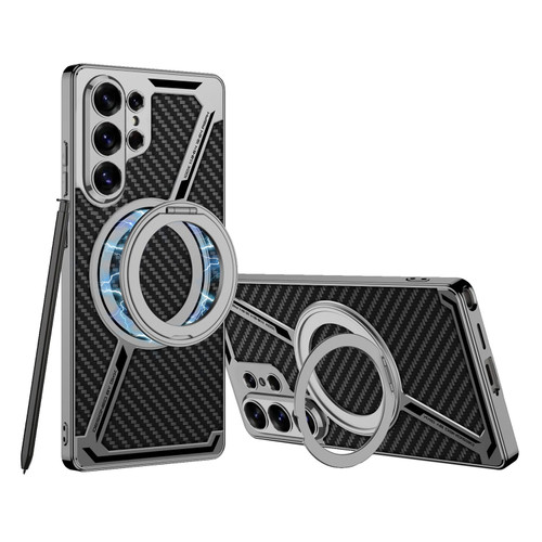 Samsung Galaxy S26 Ultra 5G GKK Electroplating Leather Z-Shape Disassemble MagSafe Phone Case, Not Included Pen - Carbon Fiber