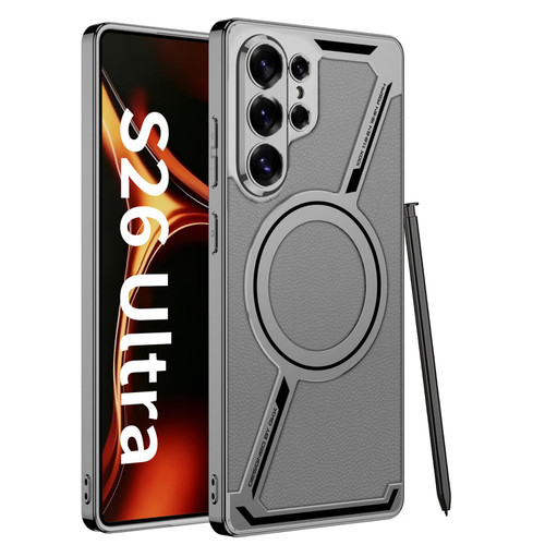 Samsung Galaxy S26 Ultra 5G GKK Electroplating Leather Z-Shape MagSafe Phone Case, Not Included Pen - Mountain Gray