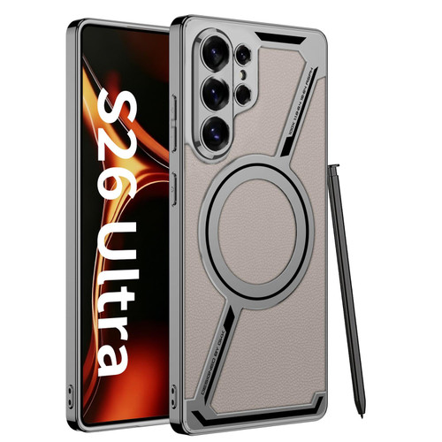 Samsung Galaxy S26 Ultra 5G GKK Electroplating Leather Z-Shape MagSafe Phone Case, Not Included Pen - Titanium Gray