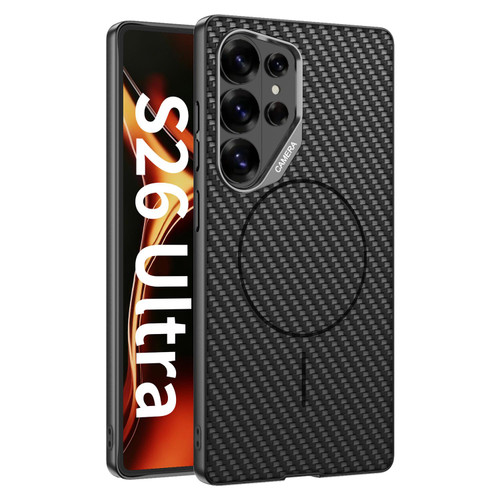 Samsung Galaxy S26 Ultra 5G GKK Large Camera Hole Metal Paint Skin Feel Vegan Leather Magnetic Phone Case - Carbon Fiber Black