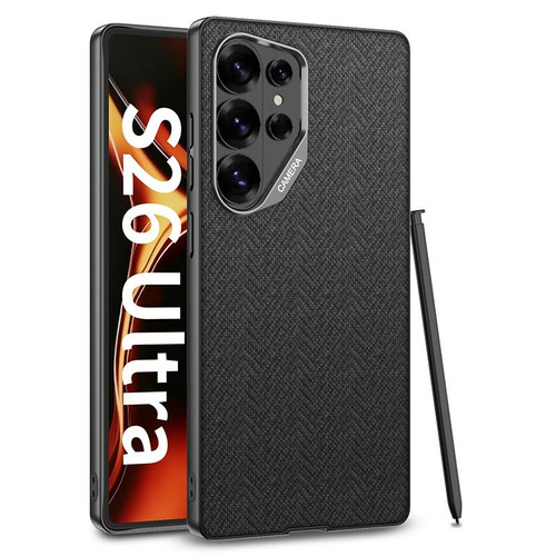 Samsung Galaxy S26 Ultra 5G GKK Large Camera Hole Metal Paint Skin Feel Vegan Leather Nylon Fabric Phone Case, Without Pen - Black