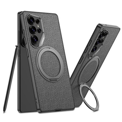 Samsung Galaxy S26 Ultra 5G GKK Metal Paint Skin Feel Fabric Texture Leather Phone Case With Magnetic Rotating Holder, Not Included Pen - Gray