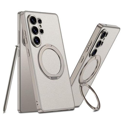 Samsung Galaxy S26 Ultra 5G GKK Metal Paint Skin Feel Leather Magnetic Phone Case With Rotating Holder, Not Included Pen - Titanium Gray