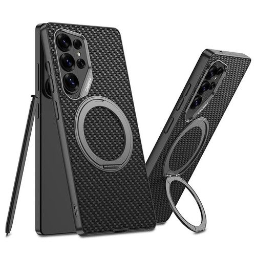 Samsung Galaxy S26 Ultra 5G GKK Metal Paint Skin Feel Leather Phone Case With Magnetic Rotating Holder, Not Included Pen - Carbon Fiber Texture